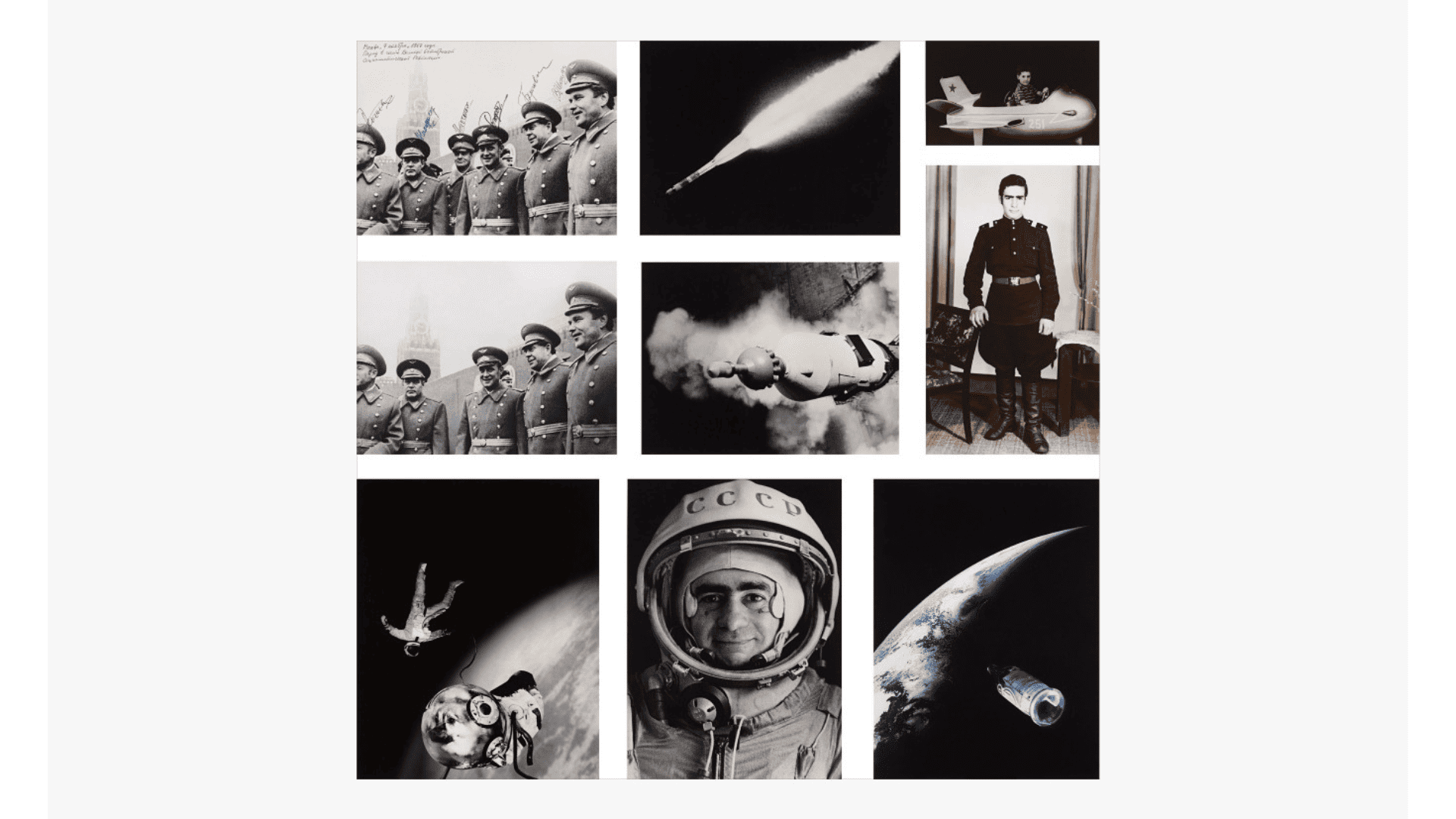 Cartacea Galleria Cartacea Gallery SPUTNIK, 1997 The Odyssey of the Soyuz II, Sixteen Baryta prints, three dye destruction prints and two drawing reproductions. Contents list, meteorite fragment in metal casing, medal and a copy of Sputnik. Edition of 30